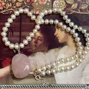 Freshwater pearl and pink quartz necklace in sterling silver. 17.5 in
